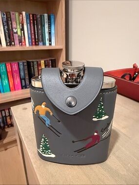 Coach Gray Ski Print Leather Flask Case